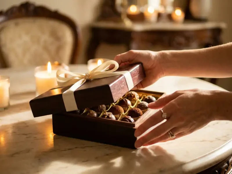 Elegante handen presenteren luxe chocolade geschenkdoos met zijden lint en artisanale truffels in gouden vakjes