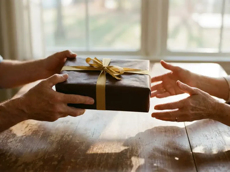 Handen die een elegante doos premium chocolade met gouden lint aanbieden, ontvanger accepteert dankbaar het cadeau