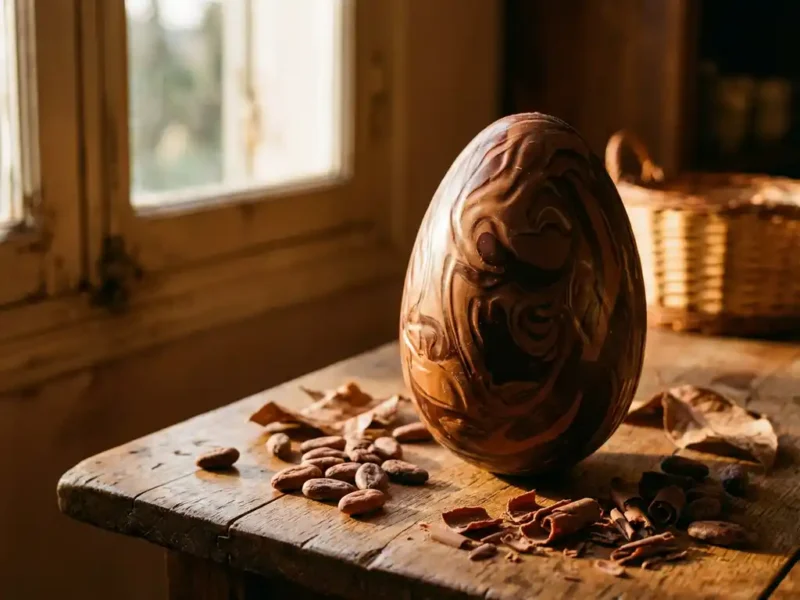 Chocolade paasei met donkere en melkchocolade marmering op houten ondergrond met cacaobonen en zonlicht