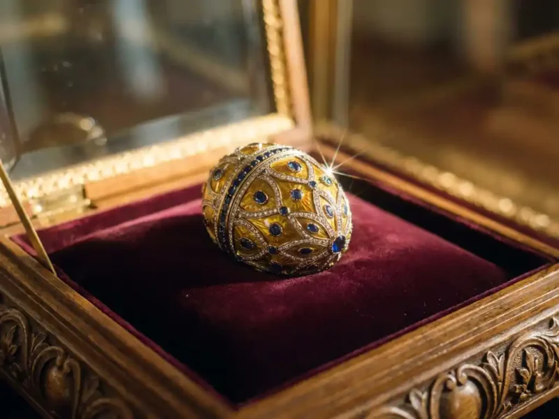 Luxuriöses Fabergé-Easter-Ei aus Gold mit Diamanten und Saphiren auf einem Samtkissen in einer Schmuckvitrine