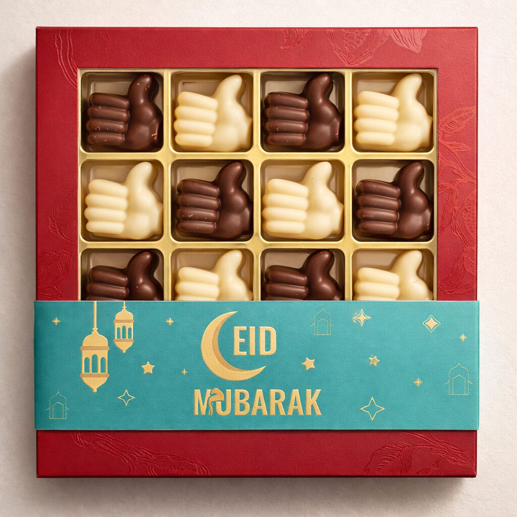 chocolade duimpjes - halal chocolade - Eid Mubarak geschenkdoosjes - Suikerfeest. Tasty Present - gepersonaliseerde chocolade en zoetwaren