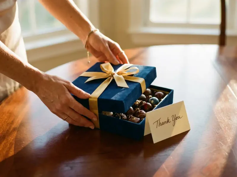 Hände legen eine luxuriöse Pralinenschachtel mit Seidenband auf einen Holztisch, daneben liegt ein Dankeschön-Zettel im goldenen Licht
