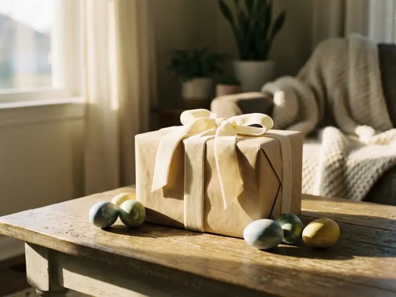 Elegant ingepakt cadeau met lint op houten tafel, omringd door kleurrijke paaseieren in zacht ochtendlicht