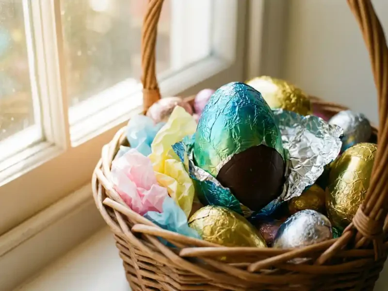 Kleurrijke chocolade paaseieren in rieten mand met pastelkleurig papier, één ei half uitgepakt met gouden folie