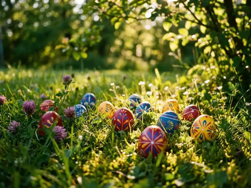 Kleurrijke paaseieren met traditionele patronen verstopt in groen gras tussen wilde bloemen en mos in zonlicht