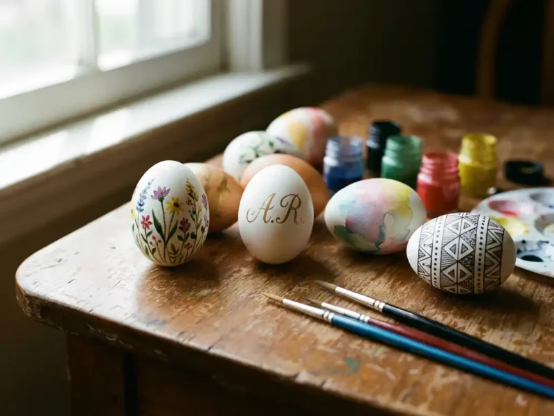 Personalisierte Ostereier mit handgemalten Blumen, Monogrammen und geometrischen Mustern auf rustikalem Holztisch