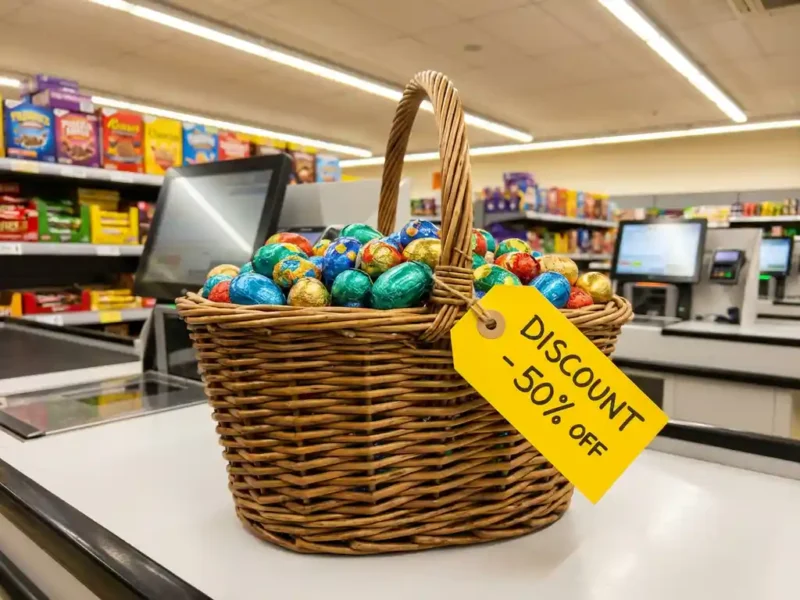 Rieten winkelmandje vol kleurrijke chocolade paaseieren met kortingskaartje op supermarktkassa