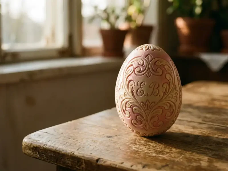 Versierd paasei met gegraveerde bloemmotieven op rustieke houten ondergrond in zachte natuurlijke verlichting