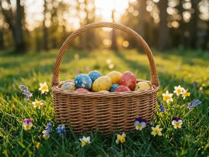 Rieten paasmandje gevuld met kleurrijke versierde eieren in groen gras met lentebloemen in zacht zonlicht