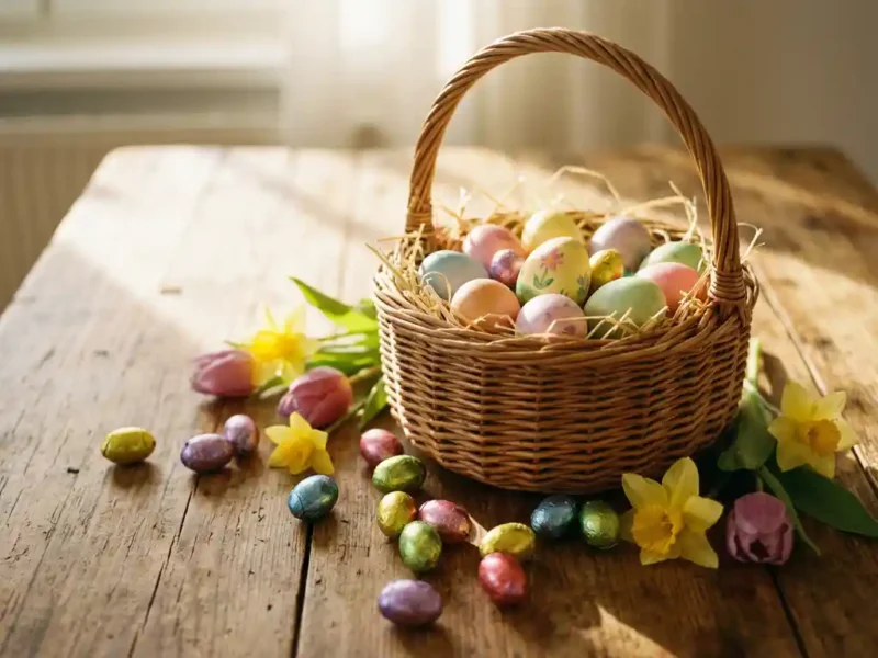 Paasmandje van riet vol kleurrijke versierde eieren in stro, met chocolade-eieren en lentebloemen op houten tafel