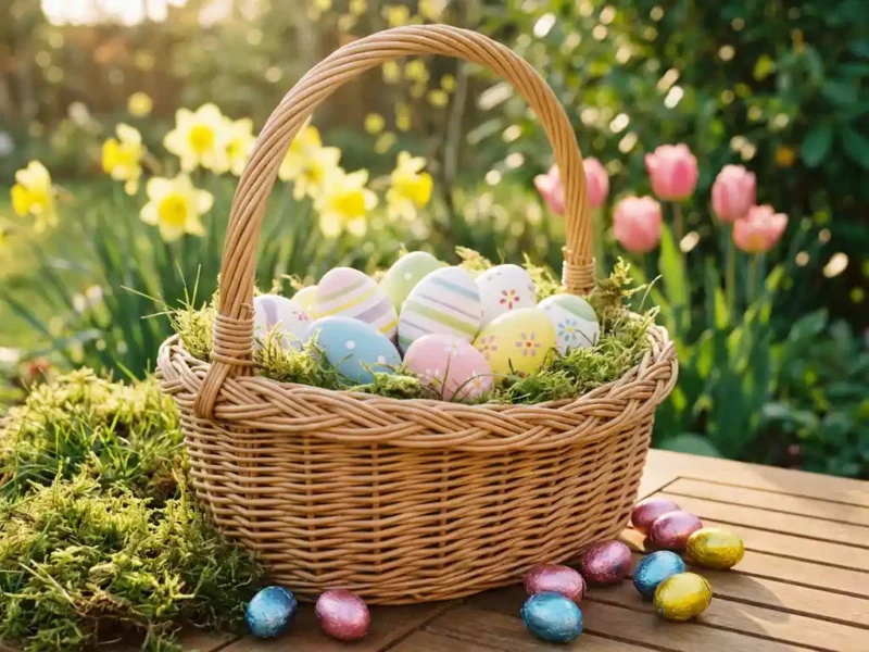 Weiden-Osterkorb voller bunt verzierter Eier in grünem Gras, umgeben von Frühlingsblumen und Schokoladeneiern