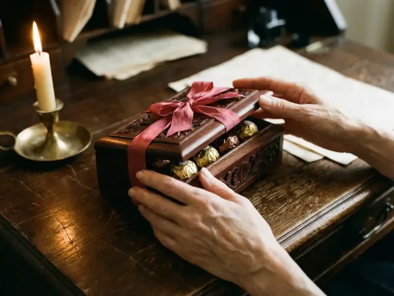 Handen presenteren geopende vintage chocoladedoos met gouden bonbons op antiek bureau bij kaarslicht