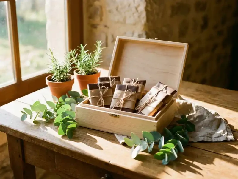 Houten geschenkdoos vol ambachtelijke chocoladerepen in kraftpapier met jutegaren tussen verse kruiden op eiken tafel