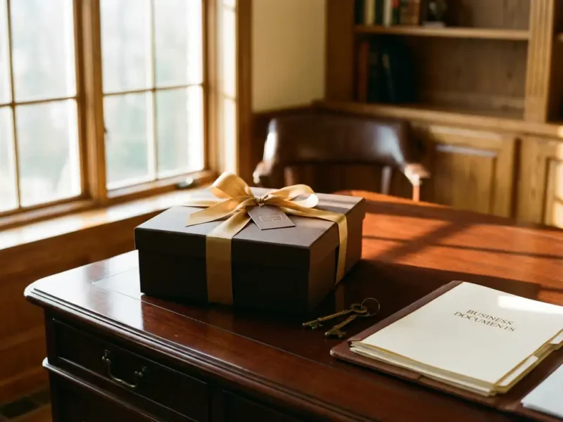Luxe cadeaudoos met gouden lint op mahonie bureau naast sleutels en zakelijke documenten in warm zonlicht
