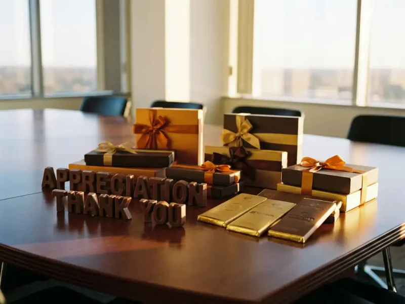 Luxe Belgische chocoladecadeaus met gepersonaliseerde letters en bedrijfslogo's op houten vergadertafel in warm kantoorlicht