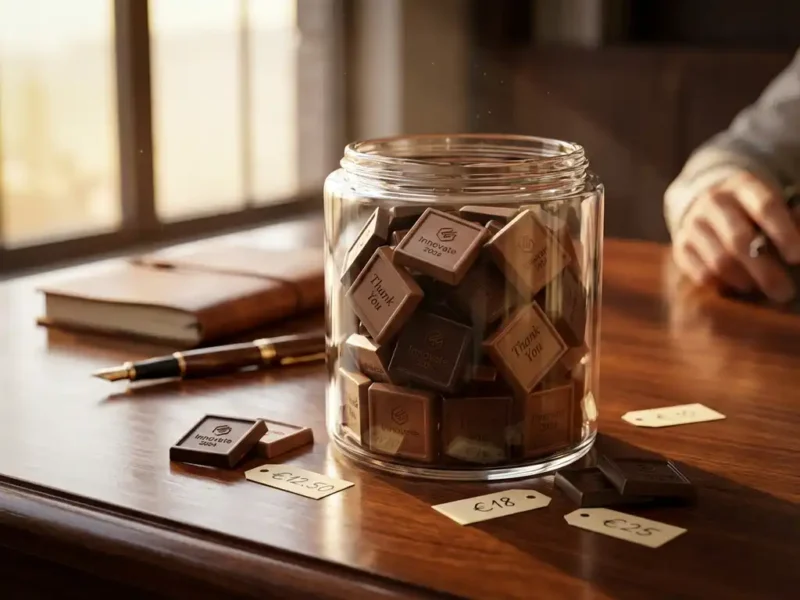 Glazen pot gevuld met gepersonaliseerde Belgische chocoladeblokjes op houten bureau, prijskaartjes rondom, warme middag zonlicht