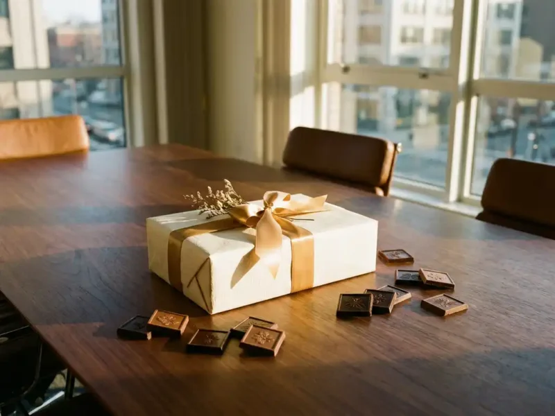 Elegant geschenkdoos met wit lint op houten vergadertafel, omringd door premium Belgische chocolaatjes in warm gouden licht