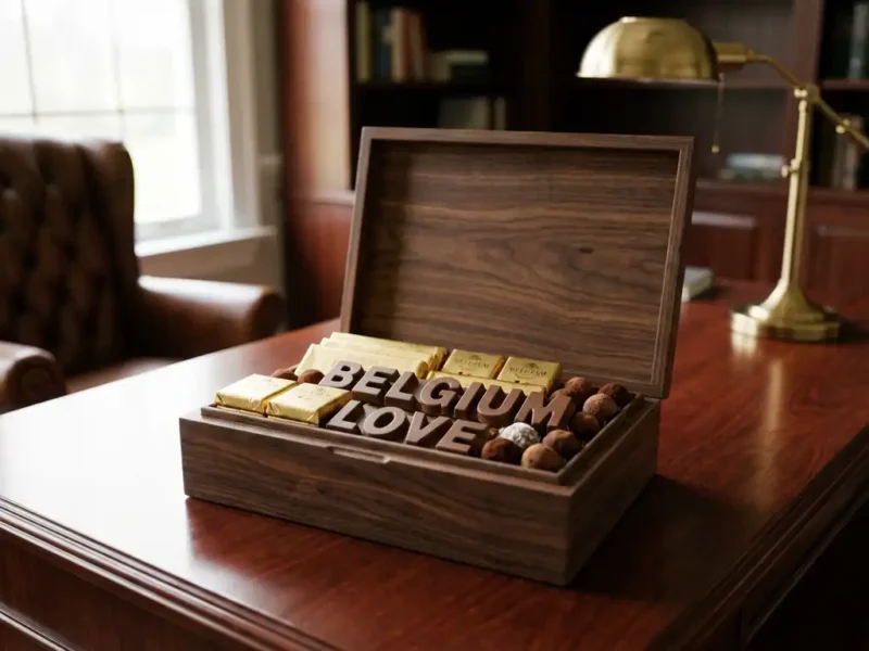 Elegante houten geschenkdoos vol premium Belgische chocoladerepen en artisanale chocoladebehandeling op mahonie bureau