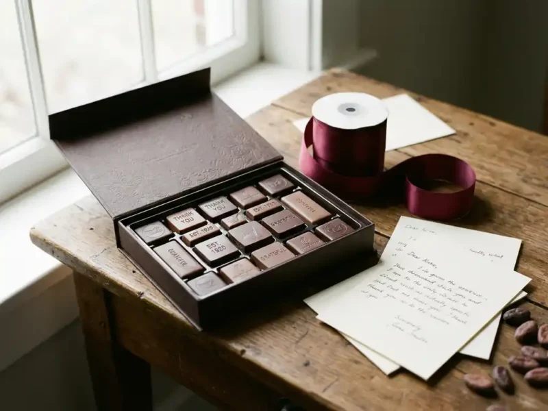 Luxe geschenkdoos met gepersonaliseerde Belgische chocolaatjes op houten bureau met bordeauxrood lint en handgeschreven kaartjes