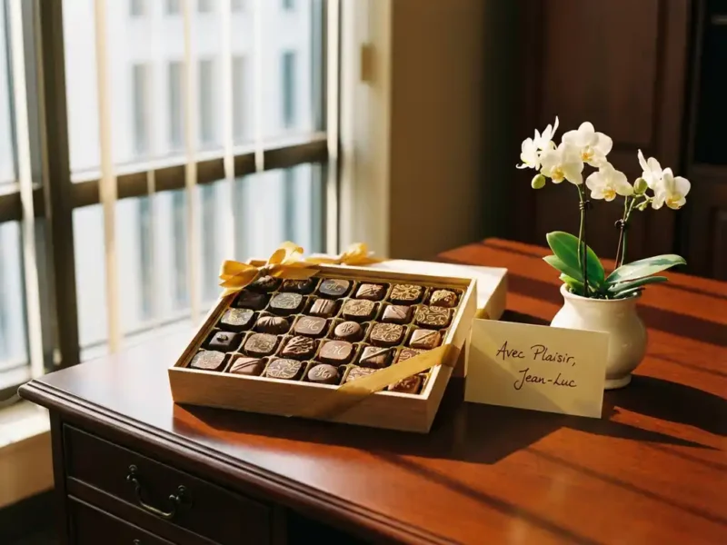 Luxe geschenkdoos met gepersonaliseerde Belgische chocolaatjes op mahonie bureau naast visitekaartje en witte orchidee