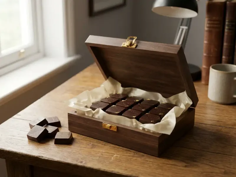 Luxe geschenkdoos met gepersonaliseerde Belgische chocolaatjes op houten bureau, warme verlichting en gouden accenten