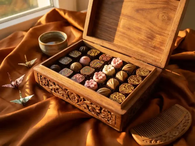 Houten geschenkdoos met premium Belgische chocolaatjes versierd met culturele symbolen, origami kraanvogels en zijden stof