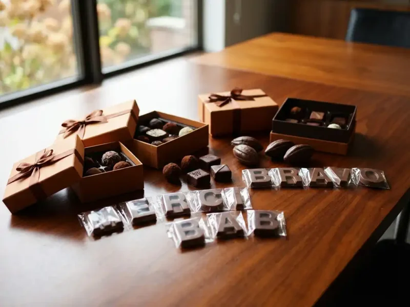 Premium Belgische chocoladecadeaus met gepersonaliseerde boodschappen op gepolijste houten vergadertafel in warm natuurlijk licht