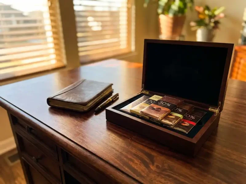 Elegante geschenkdoos met Belgische chocoladerepen op houten bureau naast leren dagboek en gouden vulpen