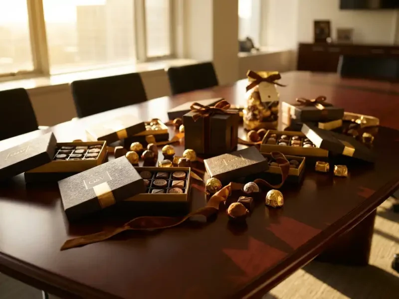 Luxe Belgische chocolade geschenkdozen op mahonie vergadertafel met warme middaglicht door kantoorvensters