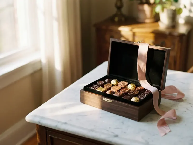 Open geschenkdoos met premium Belgische bonbons op marmeren bureau, roze lint, warme middaglicht door raam