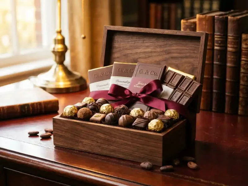 Luxe houten geschenkdoos vol premium Belgische chocolade met gepersonaliseerde repen, bordeauxrood lint op mahonie bureau