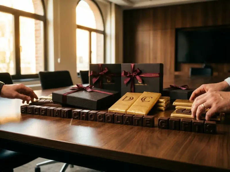 Luxe Belgische chocoladecadeaus met gepersonaliseerde chocoladeletters en bedrijfslogo's op donkere houten vergadertafel