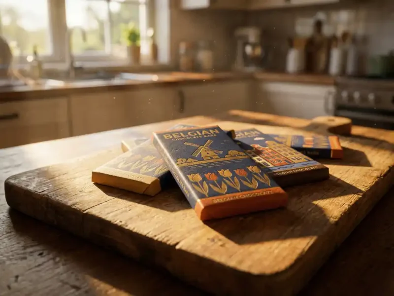 Premium Belgische chocoladerepen op rustieke houten snijplank in warme namiddagzon