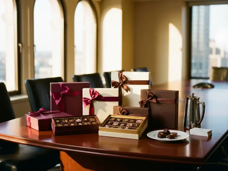 Elegante Belgische chocolade cadeaudozen op mahonie conferentietafel met zijden linten, enkele geopend met artisanale bonbons