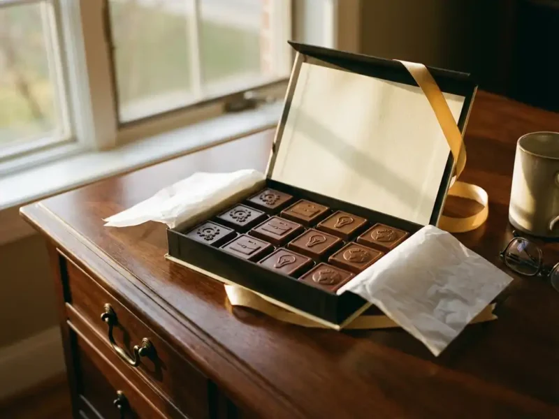 Luxe houten bureau met elegante geschenkdoos vol premium Belgische chocolaatjes met zakelijke symbolen zoals tandwielen en koffers