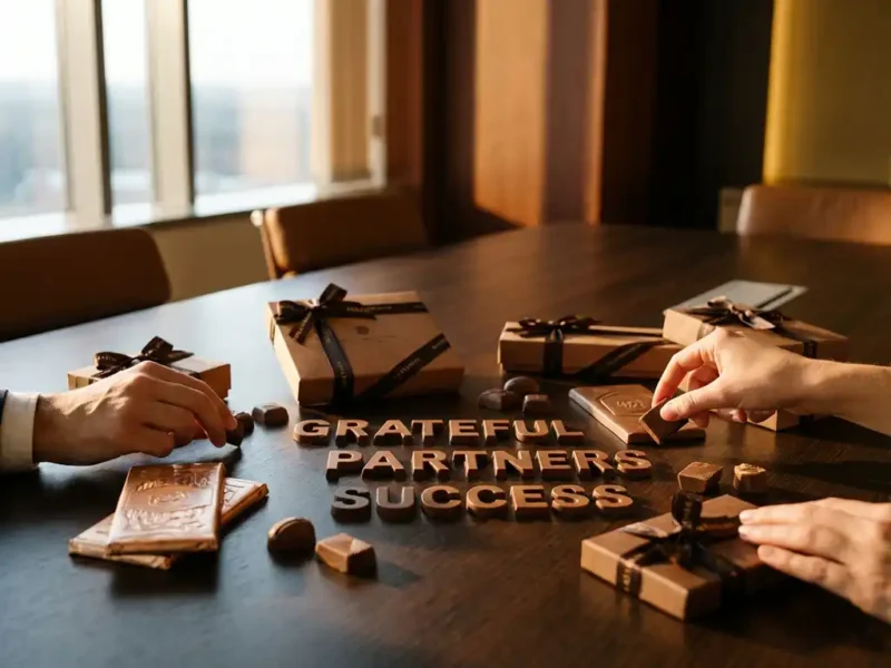 Luxe Belgische chocoladecadeaus op houten bestuurstafel met gepersonaliseerde chocoladeletters en artisanale dozen