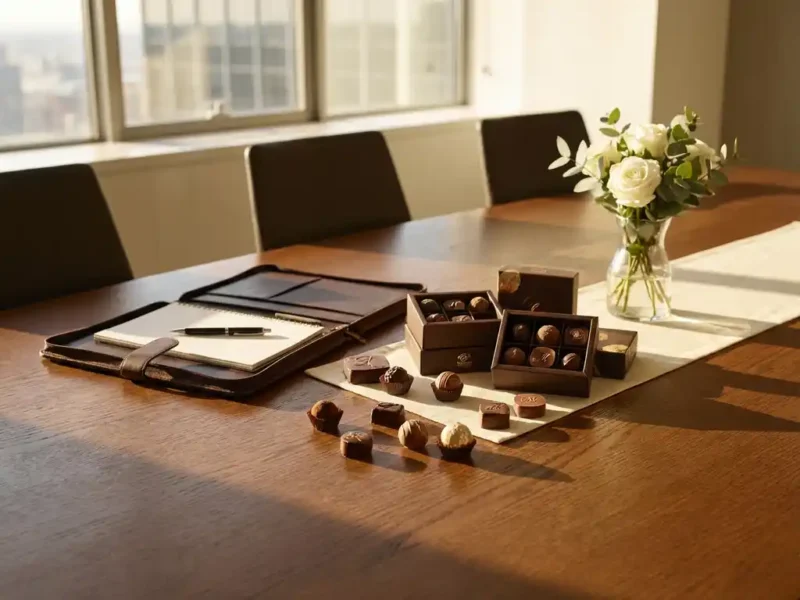 Premium Belgische chocoladecadeaus op donkere houten vergadertafel met leren portfolio en witte bloemen in warm kantoorlicht