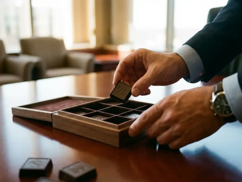 Handen selecteren premium Belgische chocolade geschenken uit elegante houten doos op mahonie conferentietafel