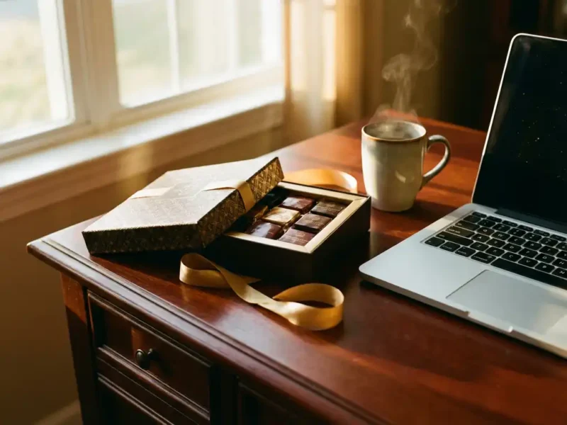 Elegant cadeaudoos met lint naast laptop en dampende koffiekop op houten bureau, Belgische chocolaatjes zichtbaar binnen