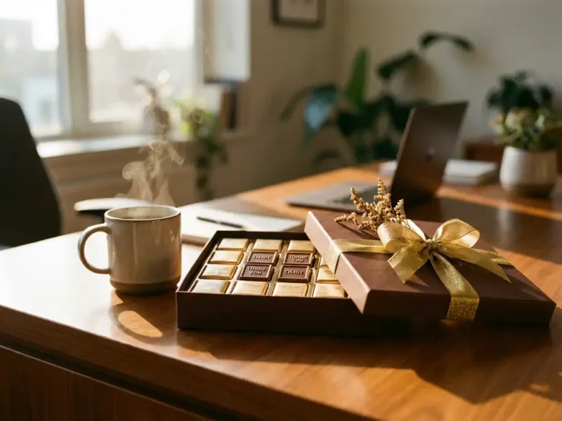 Elegante cadeaudoos met lint op modern bureau naast dampende koffiekop, Belgische chocolaatjes met persoonlijke boodschappen zichtbaar