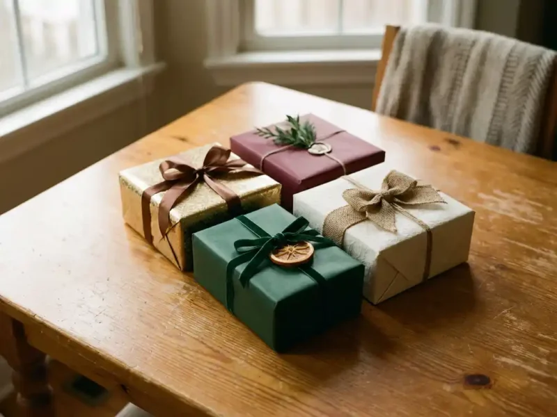 Vier ingepakte cadeaudozen in vierkante opstelling op rustieke houten tafel, met bordeauxrood, bosgroen, crème en goudkleurig inpakpapier