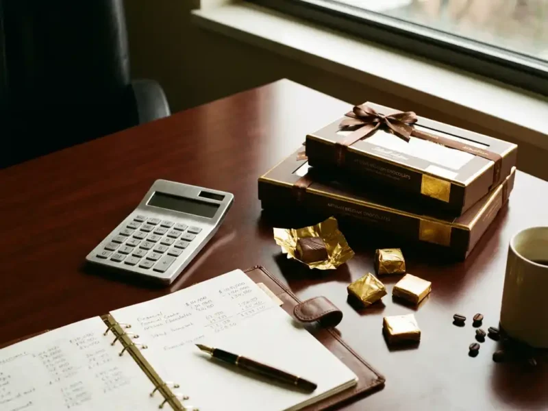 Calculator op mahonie bureau naast Belgische chocolade cadeaudozen, vulpen bij budgetnotities en premium chocolaatjes