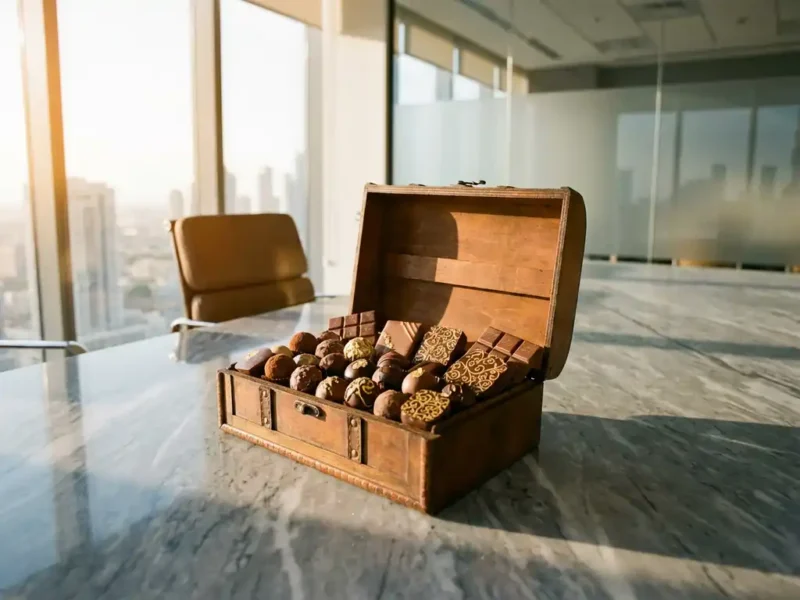 Houten geschenkdoos met artisanale chocolaatjes op marmeren vergadertafel in modern kantoor met gouden zonlicht