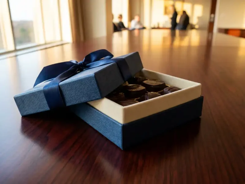 Open geschenkdoos met marineblauw lint toont premium Belgische chocolaatjes op glanzende mahonie vergadertafel