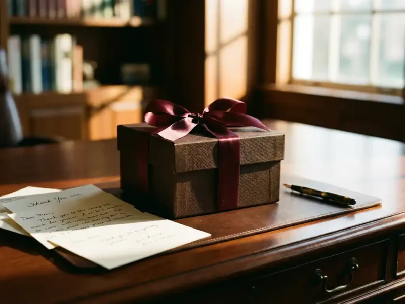 Luxe chocoladecadeau met bordeauxrood lint op houten bureau, omringd door handgeschreven bedankkaartjes en vulpen in warm gouden licht