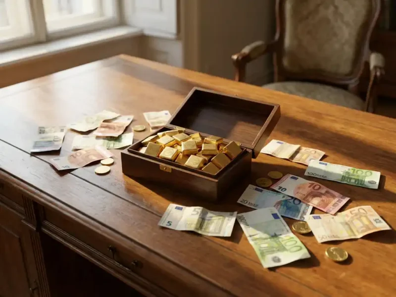 Luxe chocoladedoos gevuld met goudfolie verpakte Belgische bonbons omringd door eurobiljetten op houten bureau