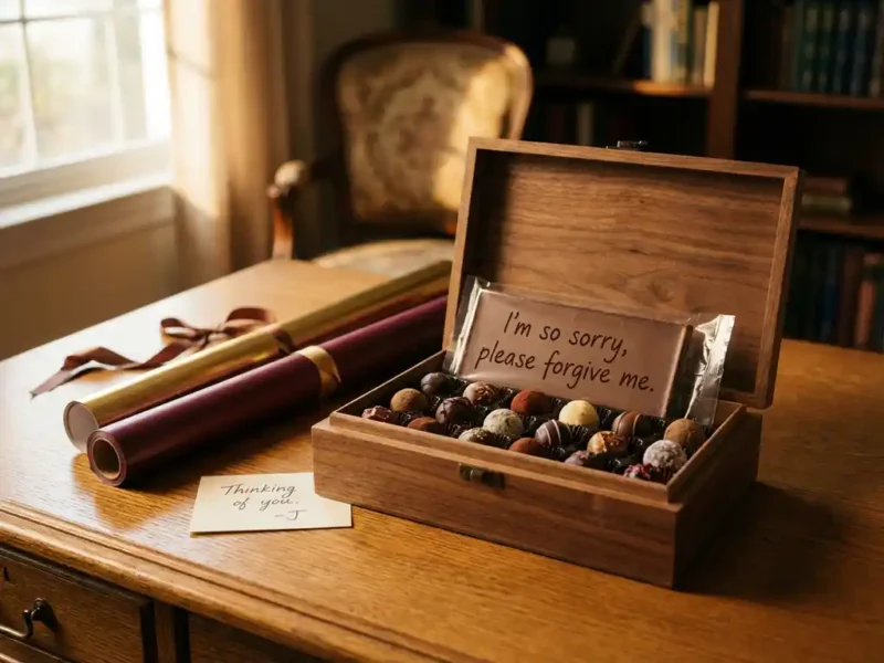 Luxe geschenkdoos met Belgische chocolaatjes en verontschuldigingsboodschap op houten bureau bij raam