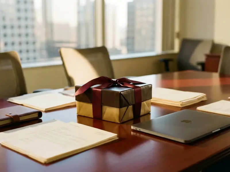 Luxe chocolade geschenkdoos met lint op mahonie vergadertafel naast laptop en documenten in warm kantoorlicht