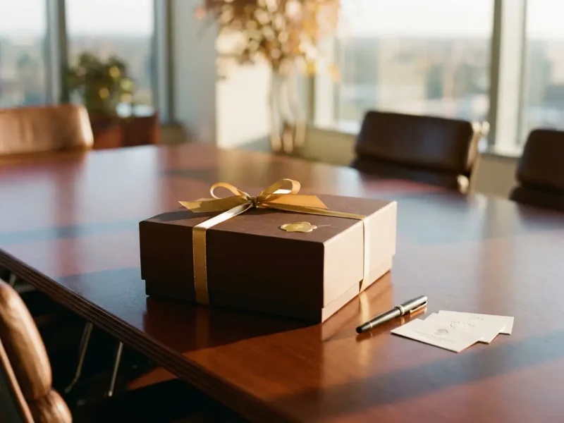Luxuriöse Schokoladen-Geschenkverpackung mit goldenem Band auf einem mahagonifarbenen Konferenztisch, umgeben von Visitenkarten und einem Stift im warmen Bürobeleuchtung