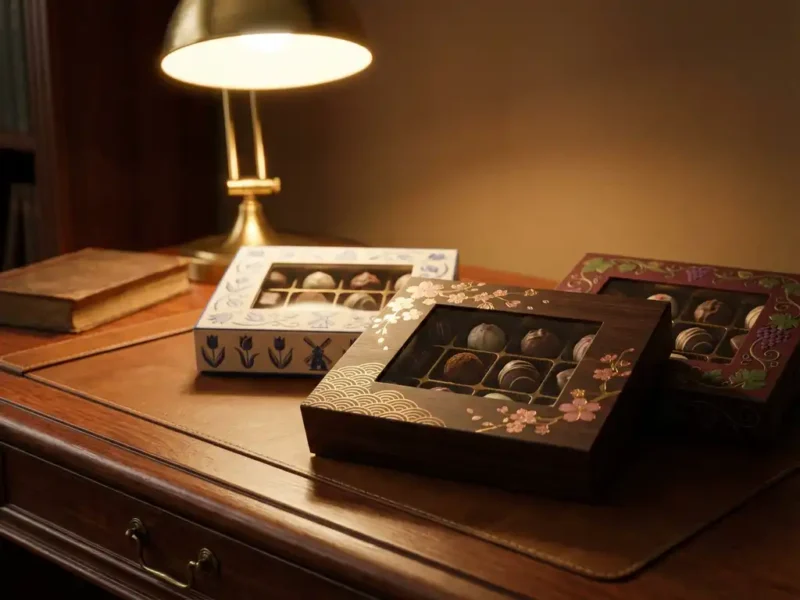Elegante chocolade geschenkdozen met culturele motieven op mahonie bureau, Belgische chocolaatjes zichtbaar door transparante vensters